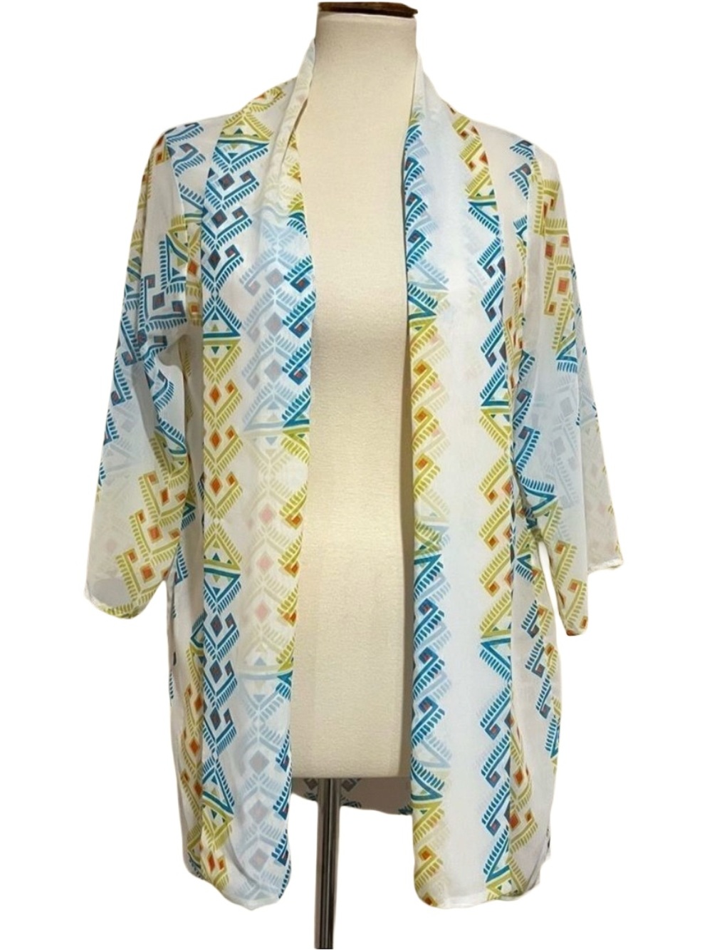 Peach Love Aztec Geometric Kimono Ivory Chiffon Boho Beach Coverup Small